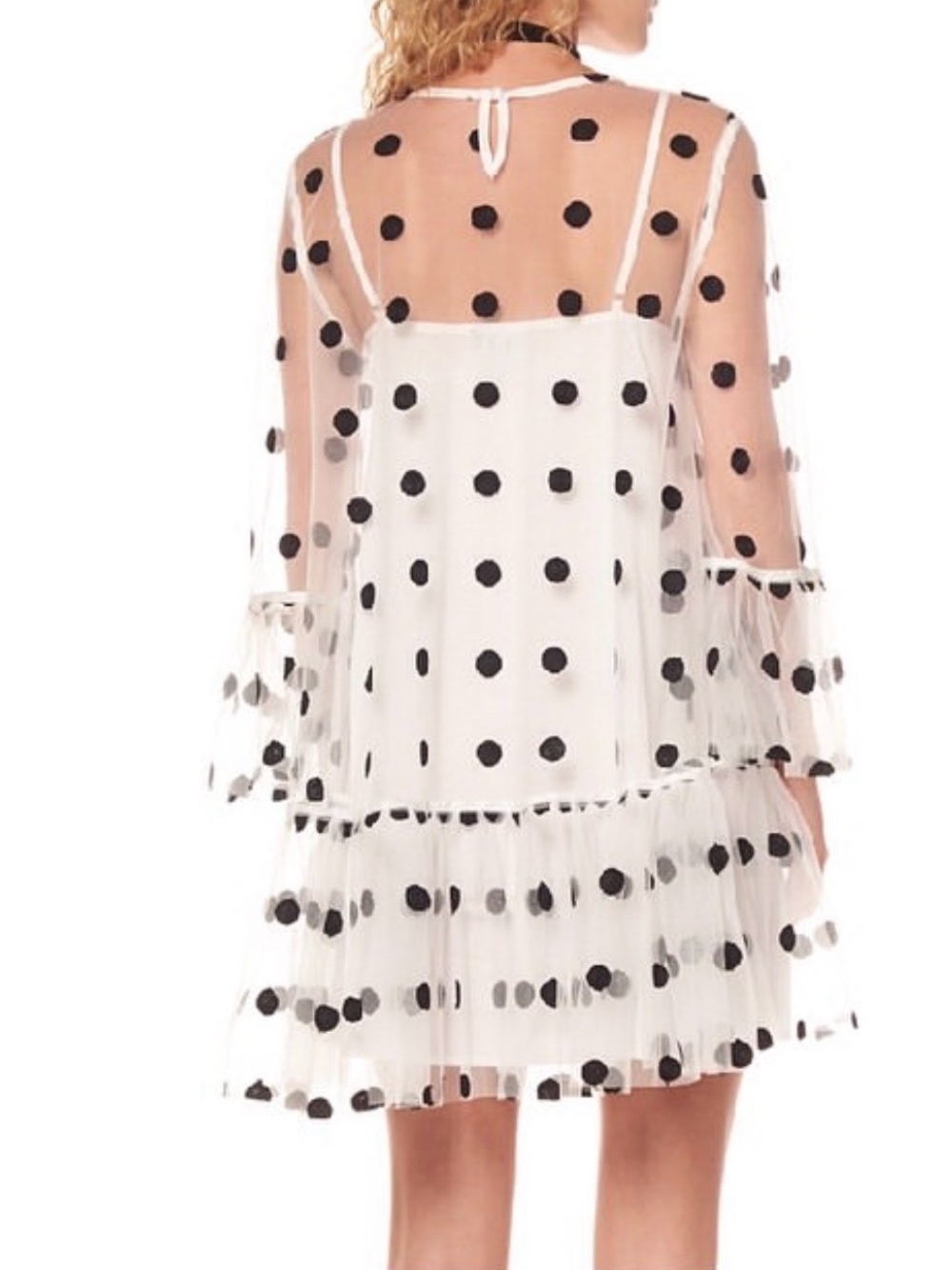 Gracia White Sheer Polka Dot Layered Mini Dress - Black Dots